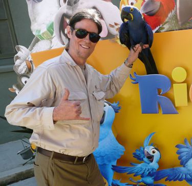 Parrot handler with three parrots for a parrot party